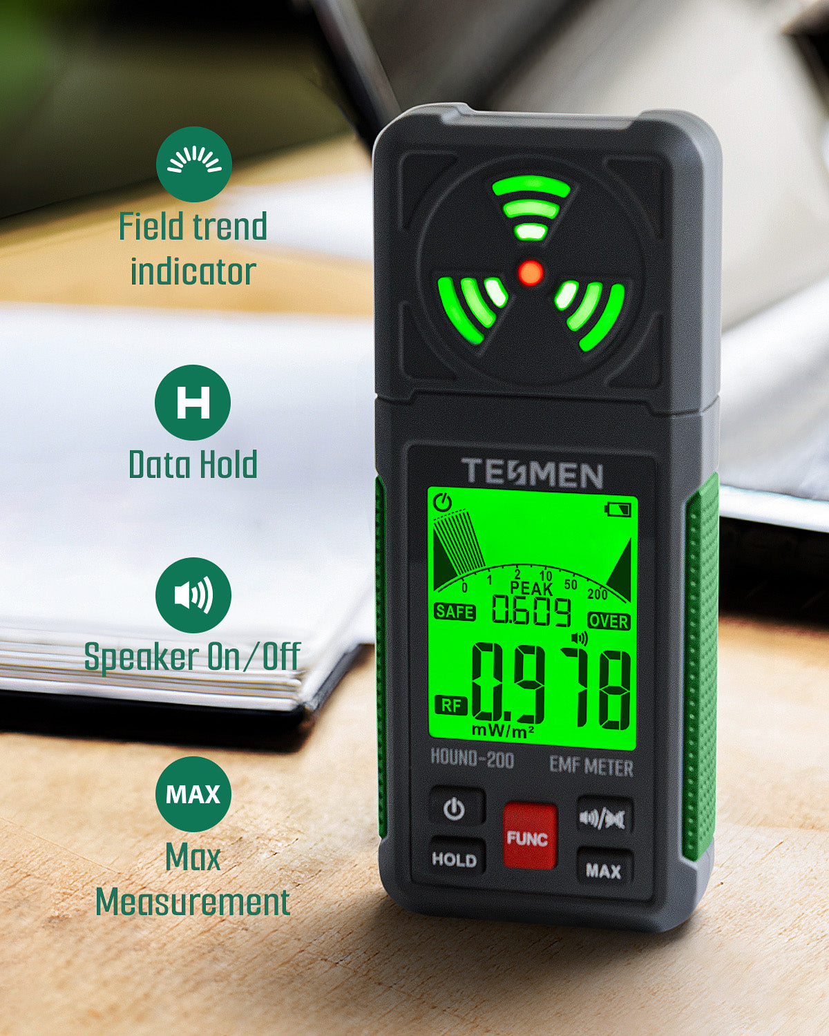 Hound-200 EMF Meter 3-in-1 Portable Electromagnetic Field Radiation Detector for EF, RF, MF