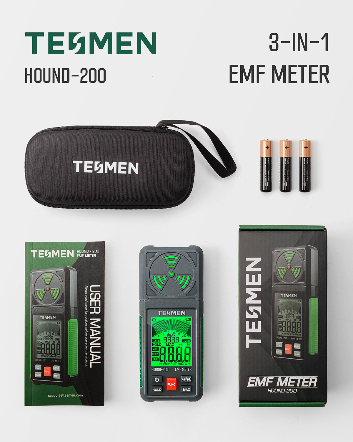 Hound-200 EMF Meter 3-in-1 Portable Electromagnetic Field Radiation Detector for EF, RF, MF