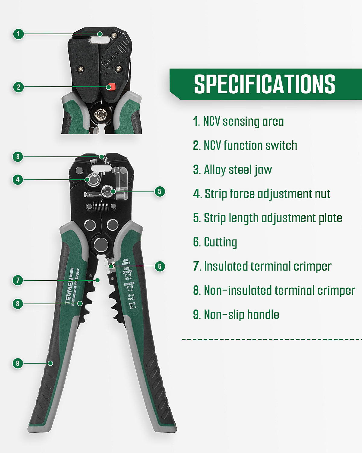 TESMEN TWS-322 Self Adjusting Wire Stripper with Non-Contact Voltage Detection, 4-in-1 Automatic Wire Stripper Tool, Universal Cutters and Crimping Tool, for 10-24 AWG Electrical Cable