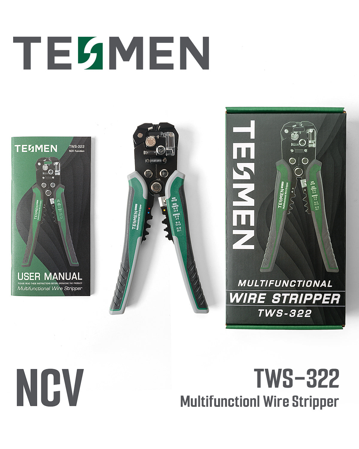 TESMEN TWS-322 Self Adjusting Wire Stripper with Non-Contact Voltage Detection, 4-in-1 Automatic Wire Stripper Tool, Universal Cutters and Crimping Tool, for 10-24 AWG Electrical Cable