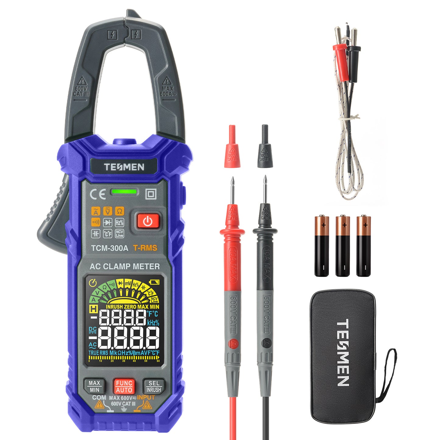 TESMEN TCM-300A Digital Clamp Meter 6000 Counts T-RMS multimeter Auto-Ranging Voltmeter ampmeter with AC Current AC/DC Voltage NCV/Live Wire Inrush Resistance Diode Temperature Continuity – BLUE