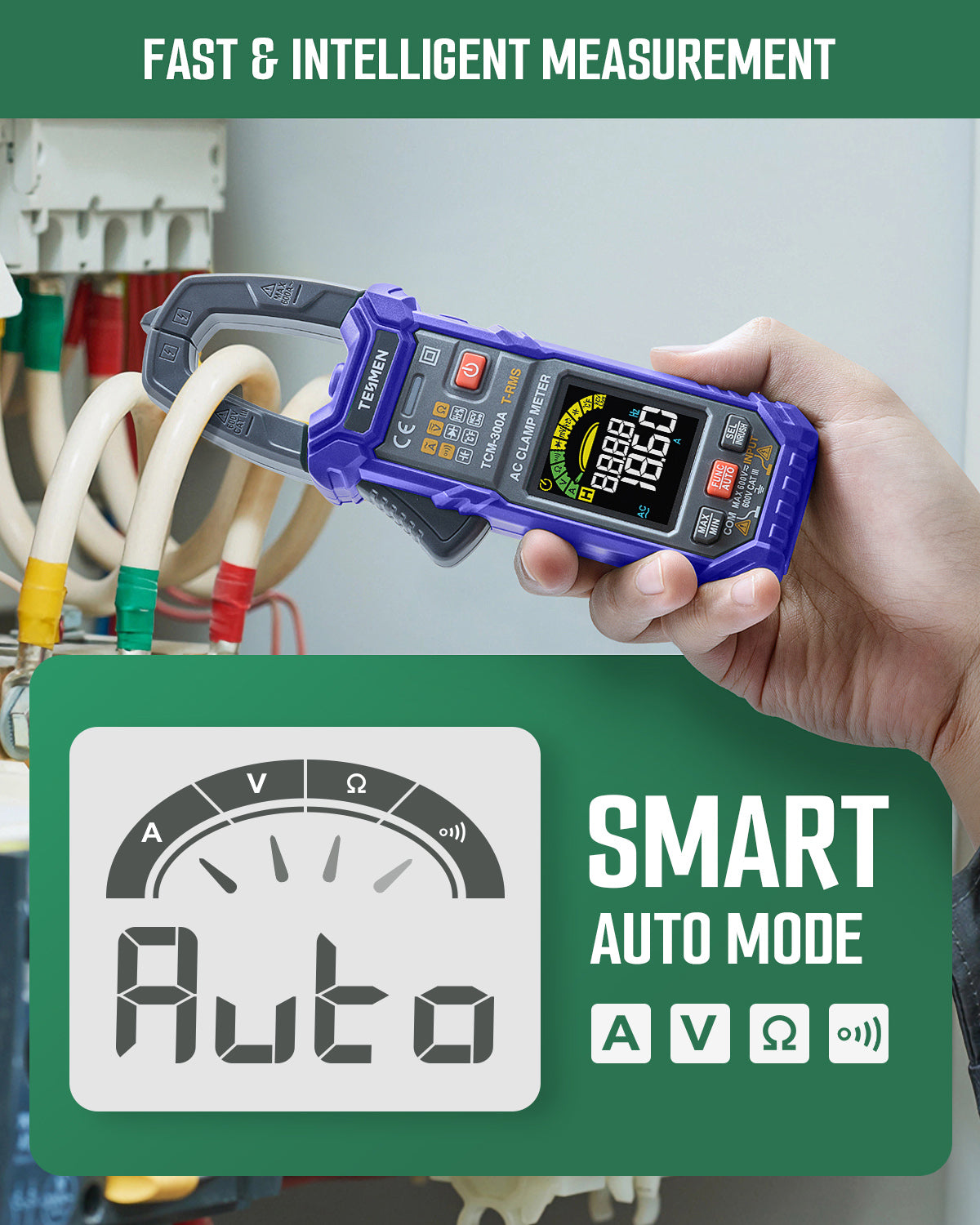 TESMEN TCM-300A Digital Clamp Meter 6000 Counts T-RMS multimeter Auto-Ranging Voltmeter ampmeter with AC Current AC/DC Voltage NCV/Live Wire Inrush Resistance Diode Temperature Continuity – BLUE