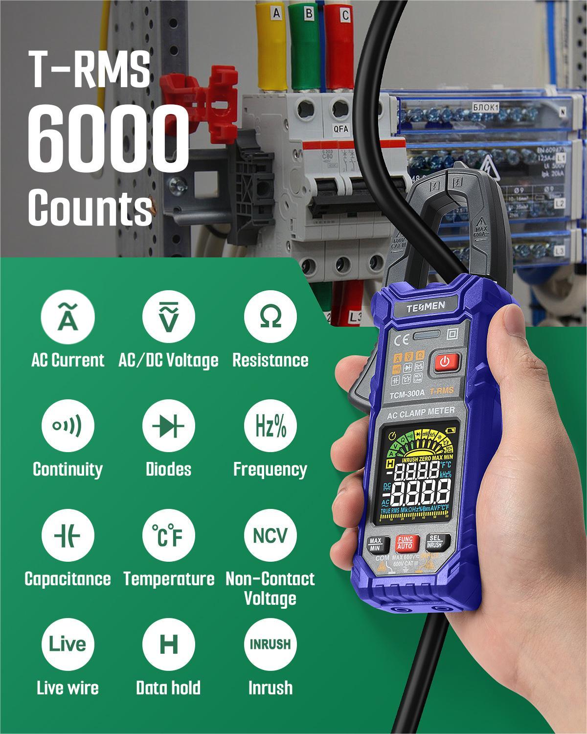 TESMEN TCM-300A Digital Clamp Meter 6000 Counts T-RMS multimeter Auto-Ranging Voltmeter ampmeter with AC Current AC/DC Voltage NCV/Live Wire Inrush Resistance Diode Temperature Continuity – BLUE