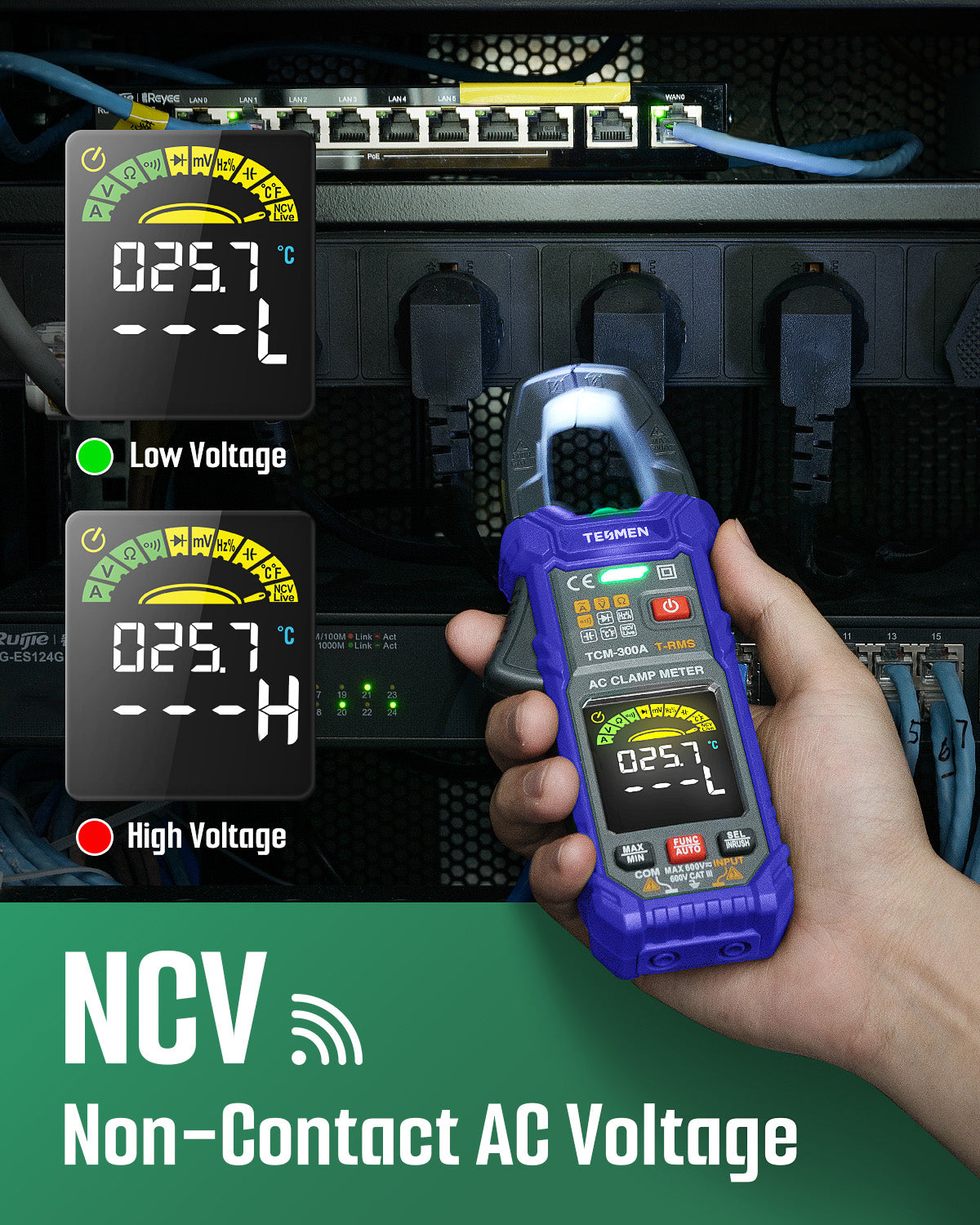 TESMEN TCM-300A Digital Clamp Meter 6000 Counts T-RMS multimeter Auto-Ranging Voltmeter ampmeter with AC Current AC/DC Voltage NCV/Live Wire Inrush Resistance Diode Temperature Continuity – BLUE