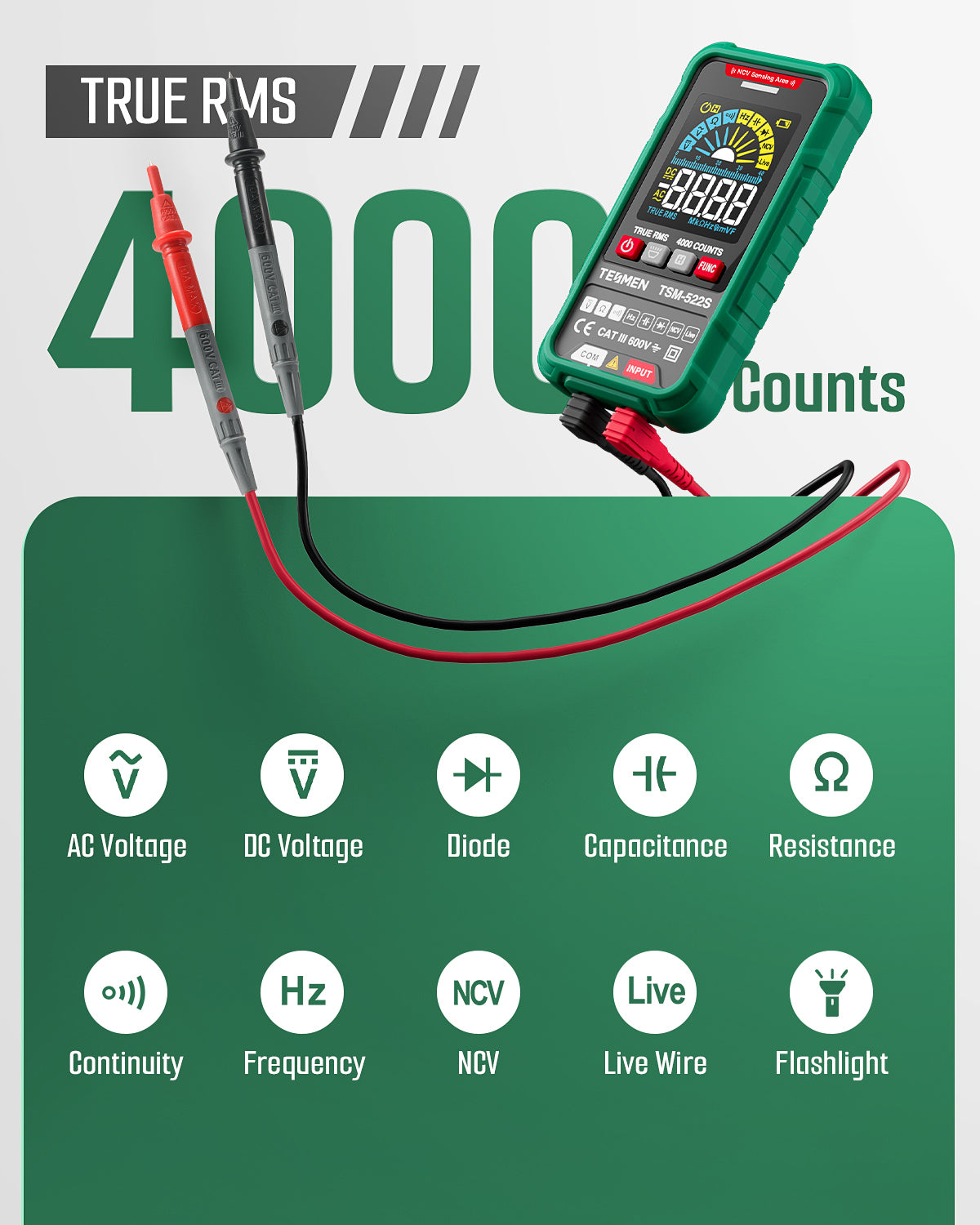 TESMEN TSM-522S Digital Multimeter, TRMS 4000 Counts Voltage Tester, Voltmeter Measures AC/DC Voltage, Capacitance, NCV, Diode, Resistance, Continuity, Frequency & Live Wire for Household, DIY-Green