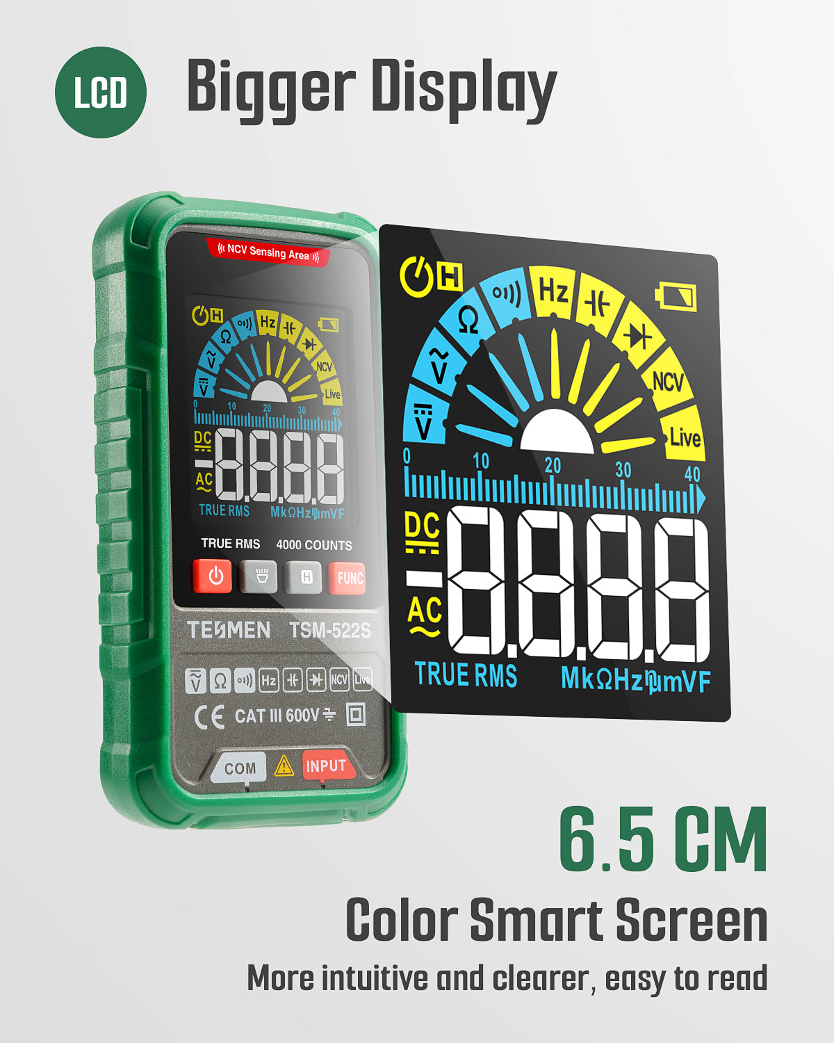 TESMEN TSM-522S Digital Multimeter, TRMS 4000 Counts Voltage Tester, Voltmeter Measures AC/DC Voltage, Capacitance, NCV, Diode, Resistance, Continuity, Frequency & Live Wire for Household, DIY-Green