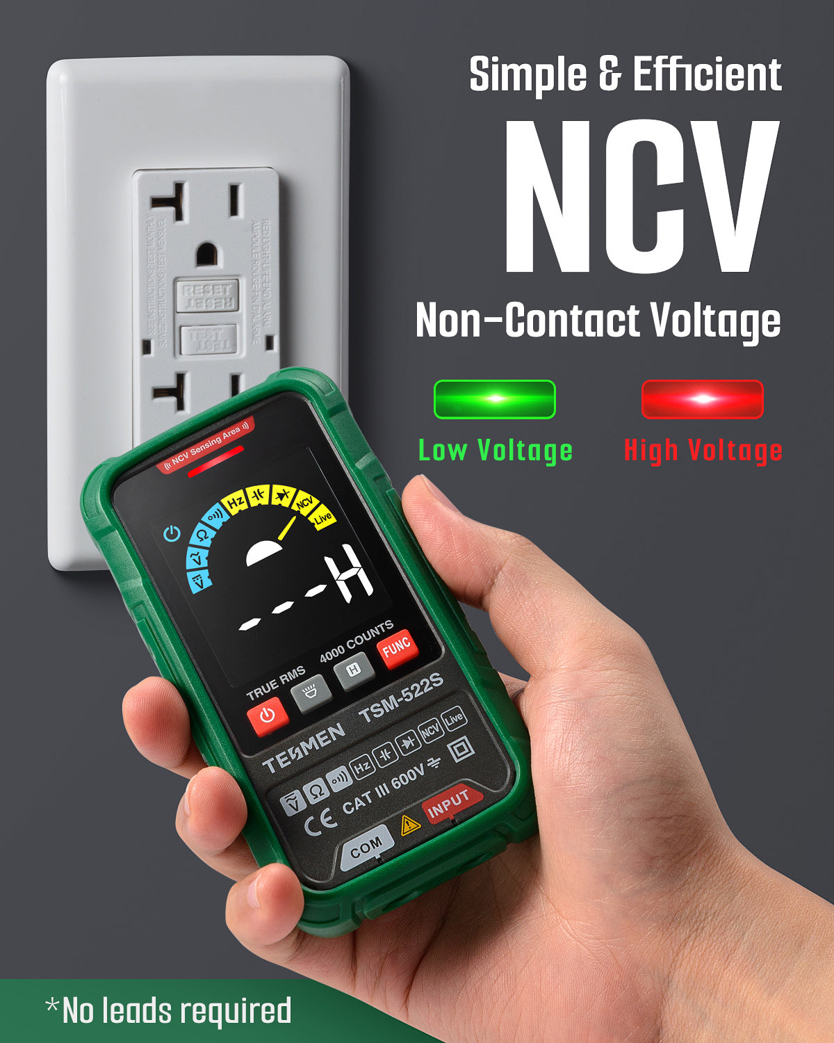 TESMEN TSM-522S Digital Multimeter, TRMS 4000 Counts Voltage Tester, Voltmeter Measures AC/DC Voltage, Capacitance, NCV, Diode, Resistance, Continuity, Frequency & Live Wire for Household, DIY-Green