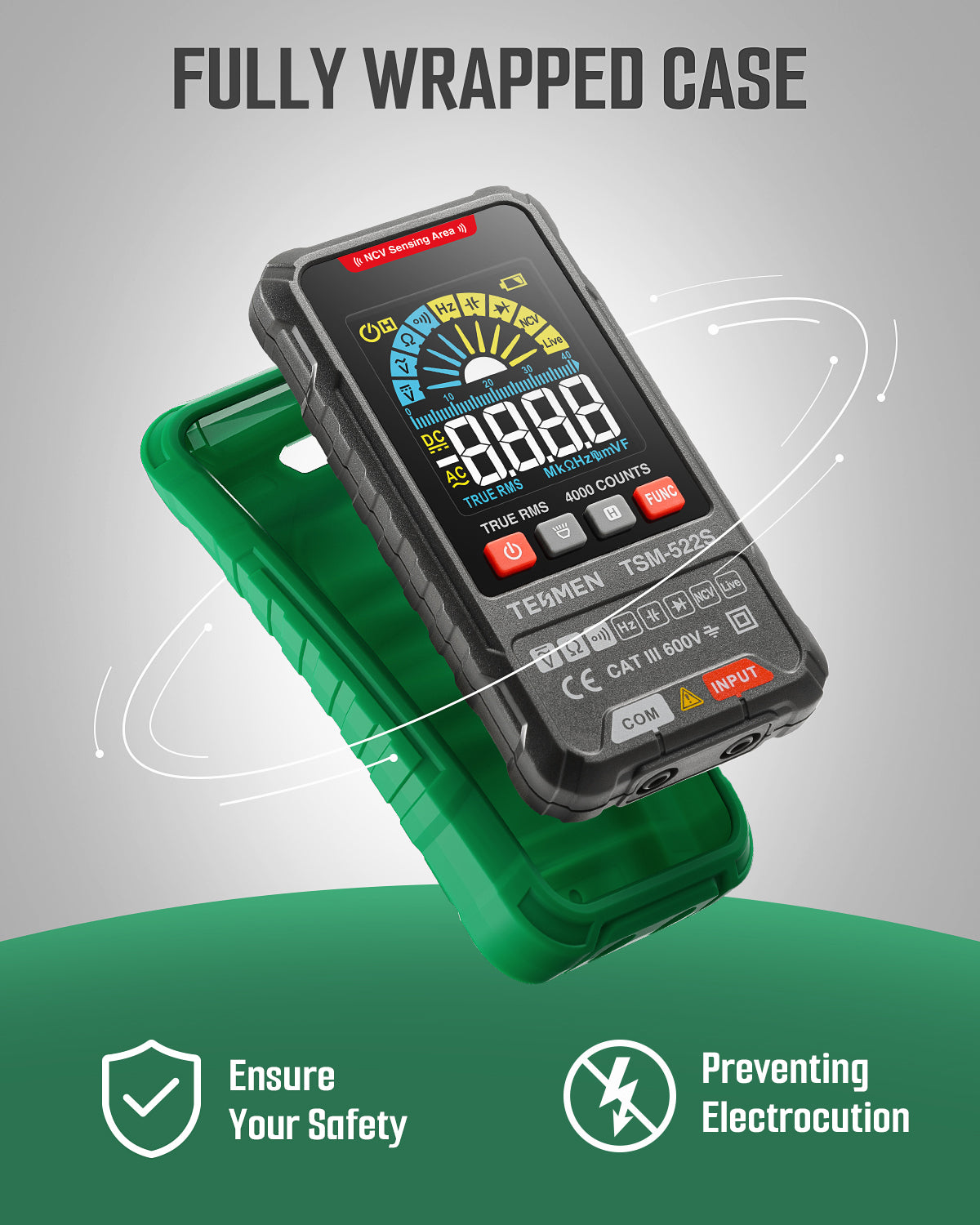 TESMEN TSM-522S Digital Multimeter, TRMS 4000 Counts Voltage Tester, Voltmeter Measures AC/DC Voltage, Capacitance, NCV, Diode, Resistance, Continuity, Frequency & Live Wire for Household, DIY-Green