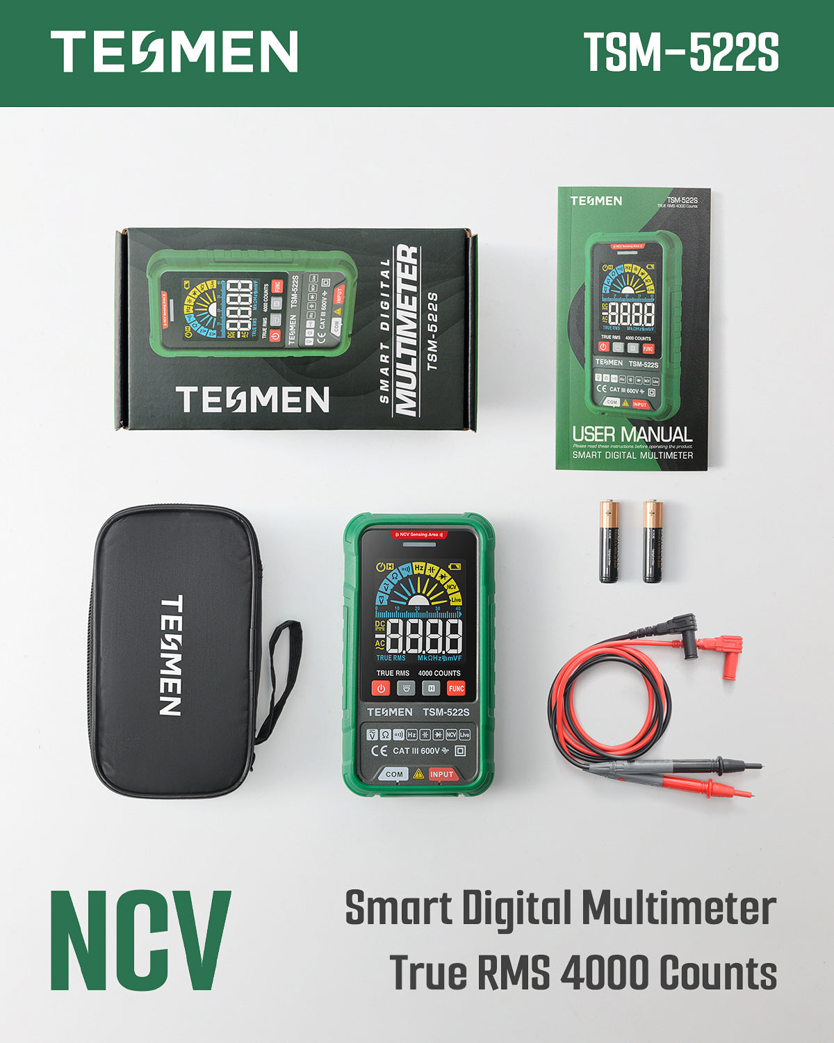 TESMEN TSM-522S Digital Multimeter, TRMS 4000 Counts Voltage Tester, Voltmeter Measures AC/DC Voltage, Capacitance, NCV, Diode, Resistance, Continuity, Frequency & Live Wire for Household, DIY-Green