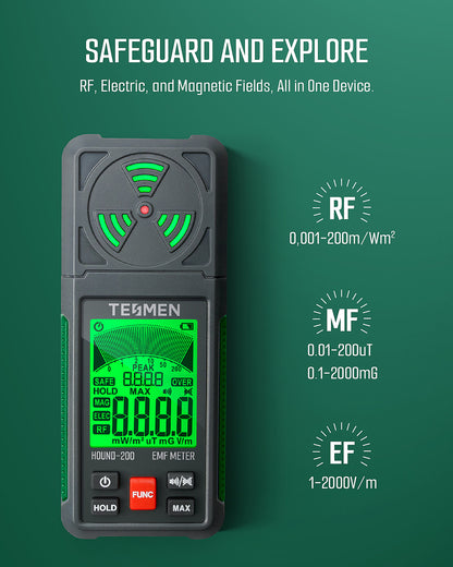 Hound-200 EMF Meter 3-in-1 Portable Electromagnetic Field Radiation Detector for EF, RF, MF