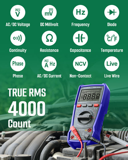 TEMSEN TMM-569A Digital Multimeter, TRMS 4000 Counts Ohmmeter, Auto-Ranging Voltage Tester with NCV, Voltage & Current, Resistance, Continuity, Diode, Capacitance, Phase, Temperature, Live Wire - Blue