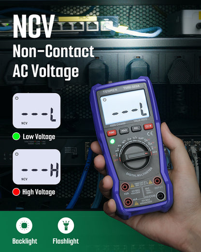 TEMSEN TMM-569A Digital Multimeter, TRMS 4000 Counts Ohmmeter, Auto-Ranging Voltage Tester with NCV, Voltage & Current, Resistance, Continuity, Diode, Capacitance, Phase, Temperature, Live Wire - Blue