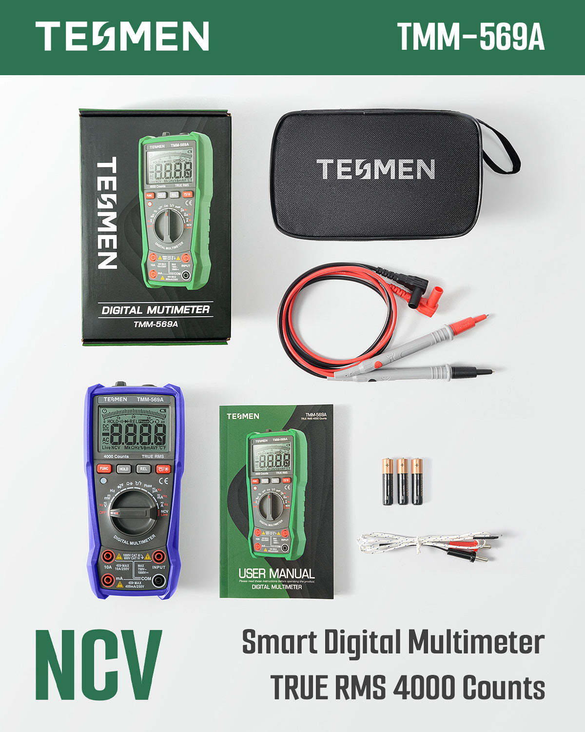 TEMSEN TMM-569A Digital Multimeter, TRMS 4000 Counts Ohmmeter, Auto-Ranging Voltage Tester with NCV, Voltage & Current, Resistance, Continuity, Diode, Capacitance, Phase, Temperature, Live Wire - Blue