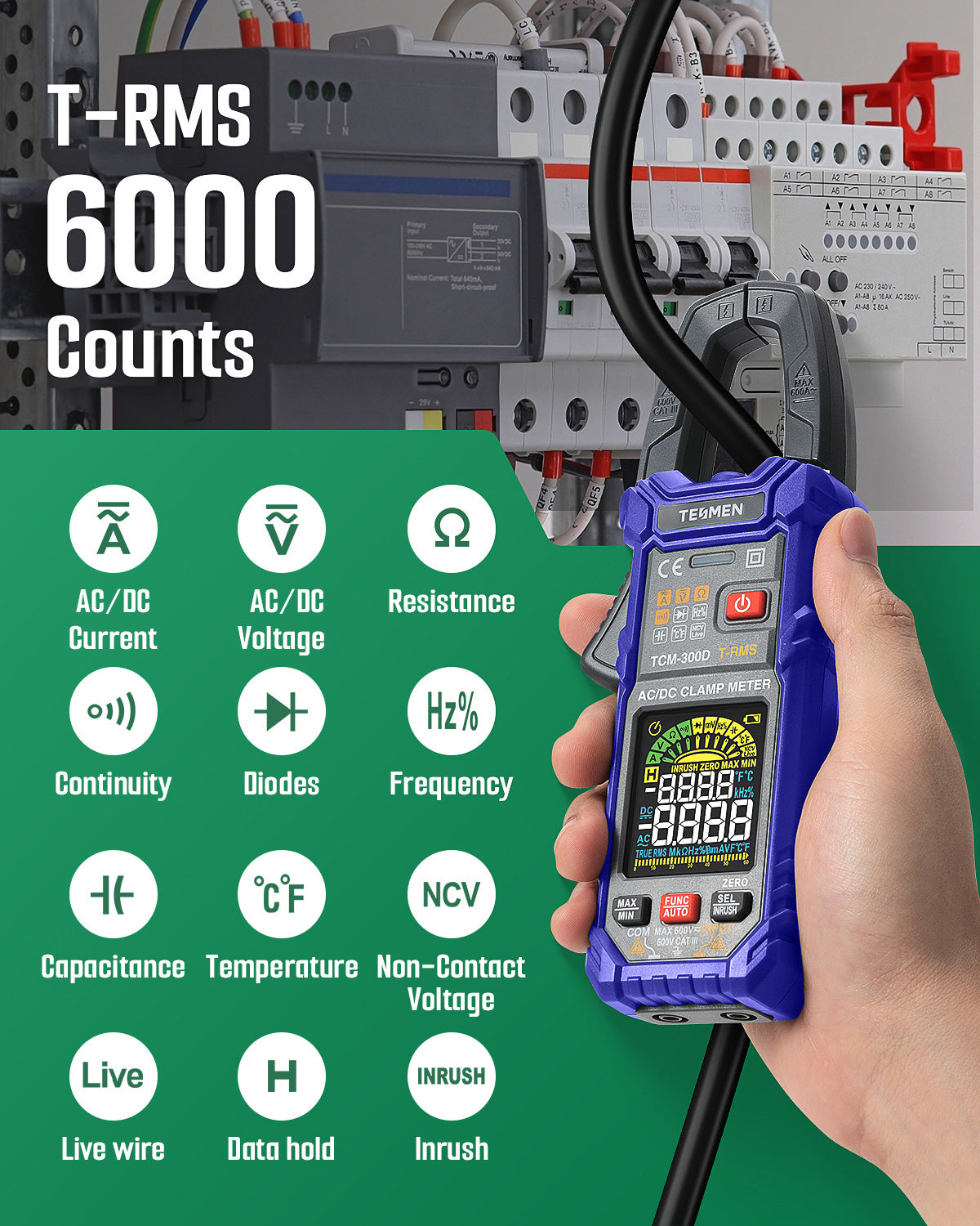 TESMEN TCM-300D Digital Clamp Meter  6000 Counts T-RMS multimeter Auto-Ranging Voltmeter ampmeter with AC/DC Current &Voltage NCV/Live Wire Inrush Resistance Diode Temperature  Continuity – BLUE