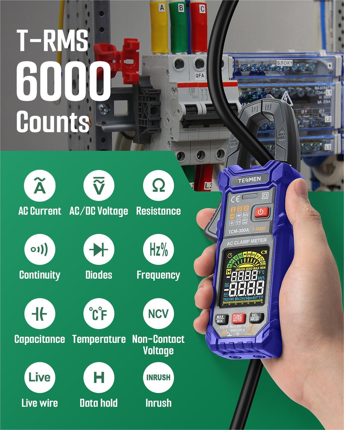 TESMEN TCM-300A Digital Clamp Meter  6000 Counts T-RMS multimeter Auto-Ranging Voltmeter ampmeter with AC Current AC/DC Voltage NCV/Live Wire Inrush Resistance Diode Temperature  Continuity – BLUE